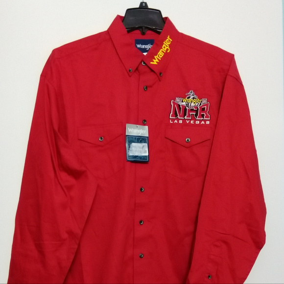 NWT Wrangler Size L Red Bottom Down Shirt Pro-Rodeo-Las-Vegas-2015-Mens Tops